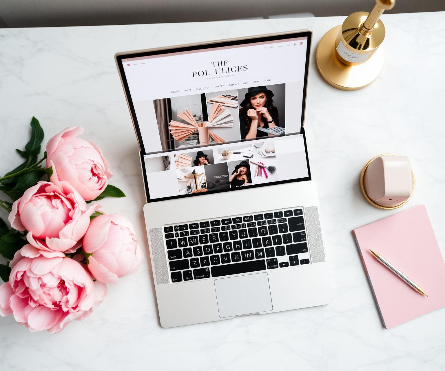 Elegant feminine workspace with laptop, peonies and gold accents